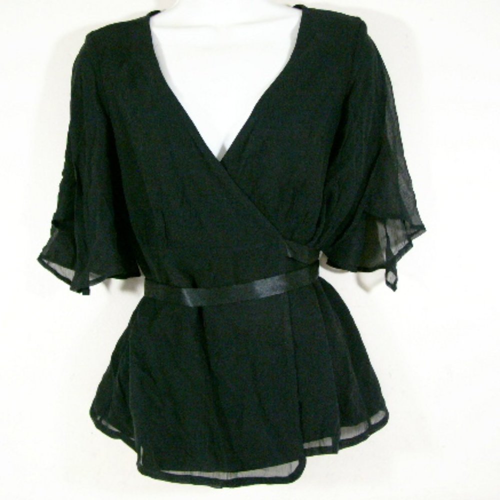 Banana Republic Sheer Black Top with Ribbon Waist Tie - Size Medium